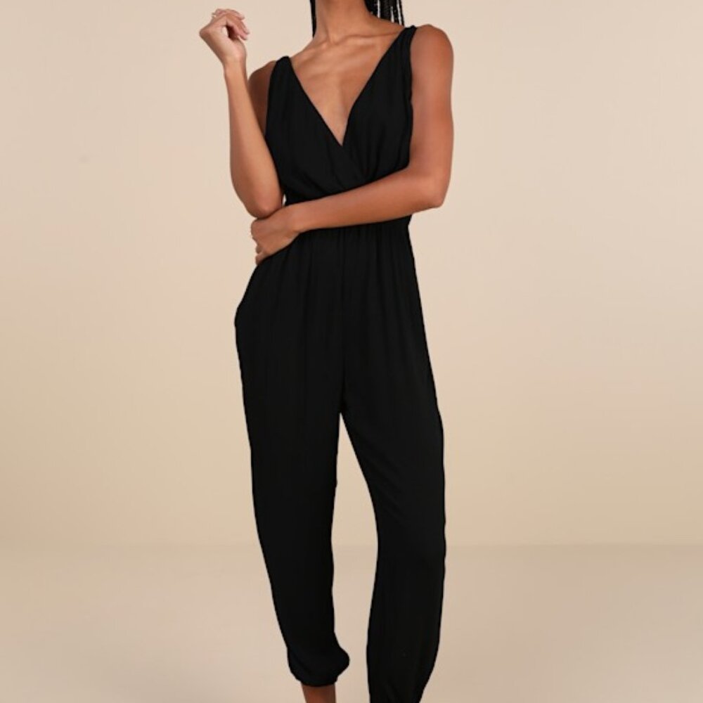 Lulus Truly Effortless Black Surplice Tie-back Jogger Jumpsuit - Size XS